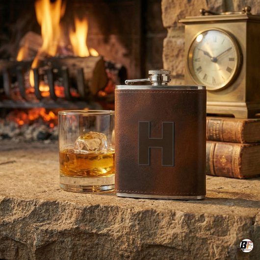 Flasques Personalized Brown Leather Hip Monogram Initial H 