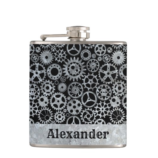 Flasques Petit Steampunk Silver Zinc engrenages Nom personn (Devant)
