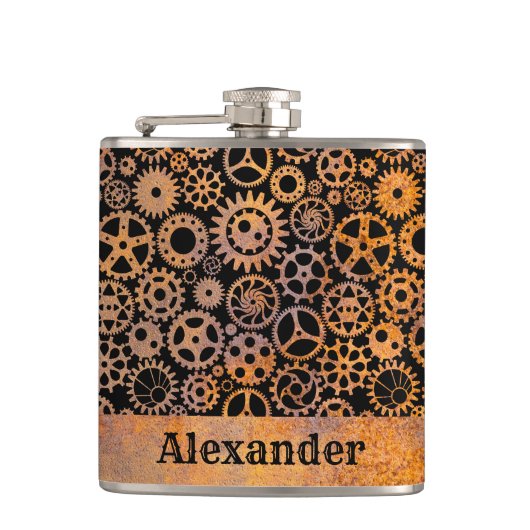 Flasques Petits engrenages Rusty Steampunk Nom personnalisé (Devant)