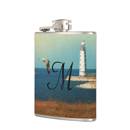 Flasques Phare Beach Scène Monogramme Whiskey Flask (Gauche)