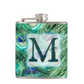 Flasques Plumes d'oiseaux de paon Turquoise Monogramme Flac (Devant)
