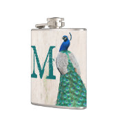 Flasques Plumes d'oiseaux de paon Turquoise Monogramme Flac (Gauche)