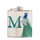 Flasques Plumes d'oiseaux de paon Turquoise Monogramme Flac (Devant)