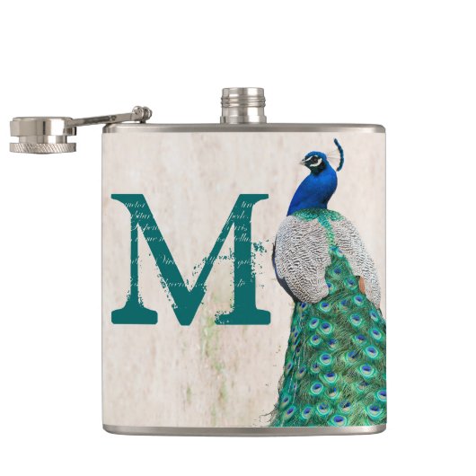 Flasques Plumes d'oiseaux de paon Turquoise Monogramme Flac (Ouvert)
