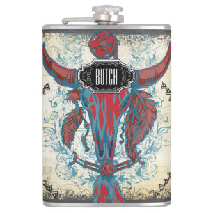 Flasques Plumes Noir Rouge bleu Vache Crâne Floral Tribal