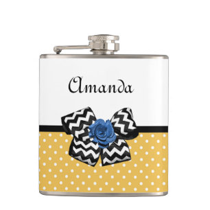 Flasques Points Jaunes Bleus Rose Chevron Bow avec nom