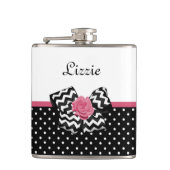 Flasques Points noirs mignons Rose rose Chevron Bow et nom (Devant)