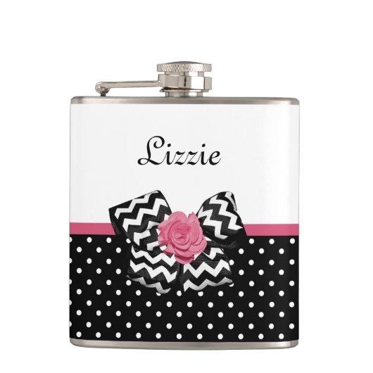 Flasques Points noirs mignons Rose rose Chevron Bow et nom (Devant)
