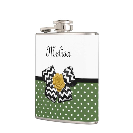 Flasques Points verts mignons Rose jaune Chevron Bow et nom (Gauche)