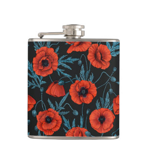 Flasques Poppies, rouge et bleu sur noir