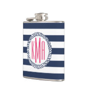Flasques Preppy Nautical Navy & White Stripe Pink Monogramm (Gauche)