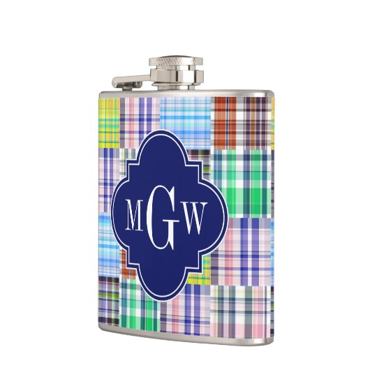 Flasques Preppy Patchwork Madras Navy Quatrefoil Monogramme (Gauche)