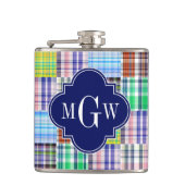 Flasques Preppy Patchwork Madras Navy Quatrefoil Monogramme (Devant)