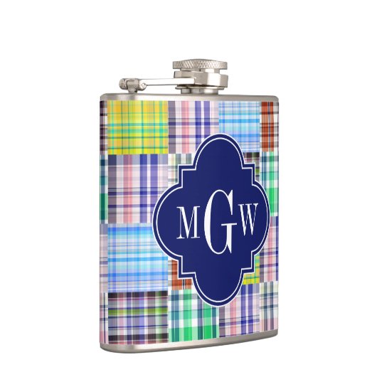 Flasques Preppy Patchwork Madras Navy Quatrefoil Monogramme (Droite)