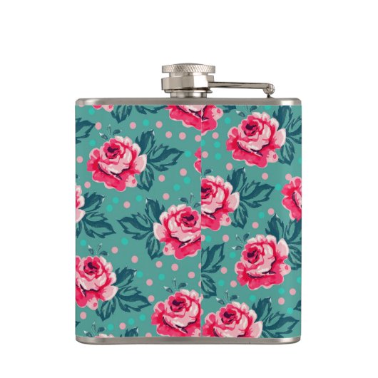 Flasques Pretty Pink Roses and Polka Dot Pattern on Teal (Dos)