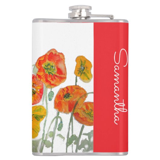 Flasques Red Orange Poppy Flower Watercolor Womans Name (Dos)