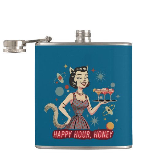 Flasques Rétro Pin-Up Chat Atomique | "Happy Hour, Chérie" (Ouvert)
