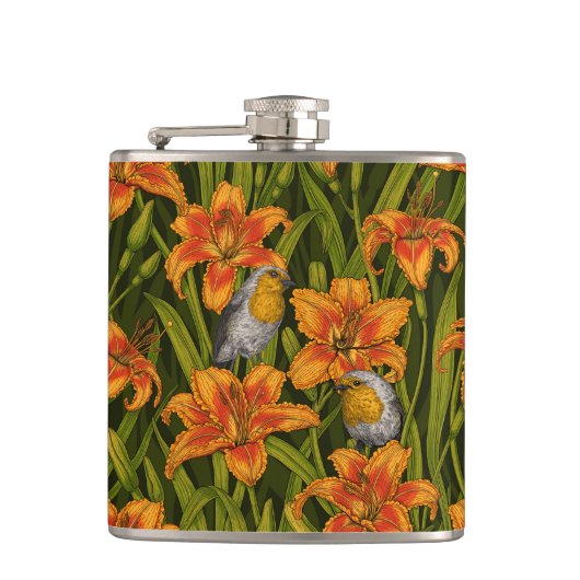 Flasques Robins et fleurs de lys, orange et vert foncé (Devant)