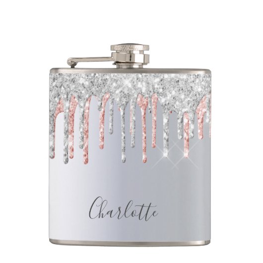 Flasques Rose gold argent paillettes gouttes monogramme ros (Devant)