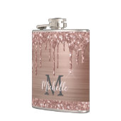 Flasques Rose Gold Glitter Drips on Pink Metal Monogrammed (Gauche)