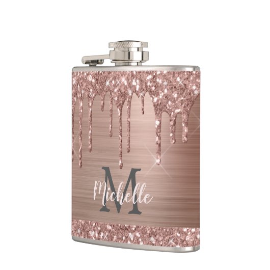 Flasques Rose Gold Glitter Drips on Pink Metal Monogrammed (Gauche)