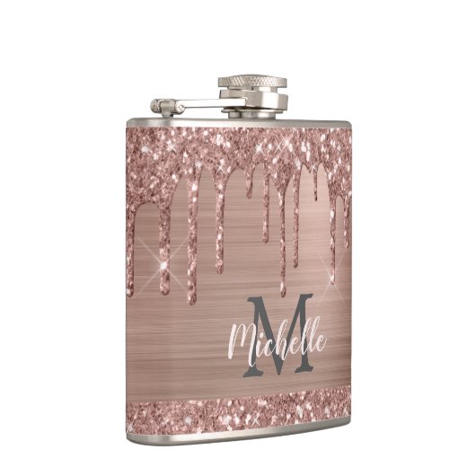 Flasques Rose Gold Glitter Drips on Pink Metal Monogrammed (Droite)