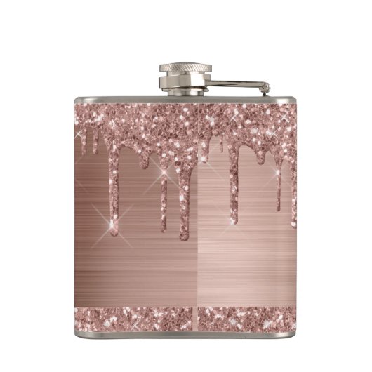 Flasques Rose Gold Glitter Drips on Pink Metal Monogrammed (Dos)