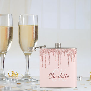 Flasques Rose gold pailleté rose blush monogramme nom
