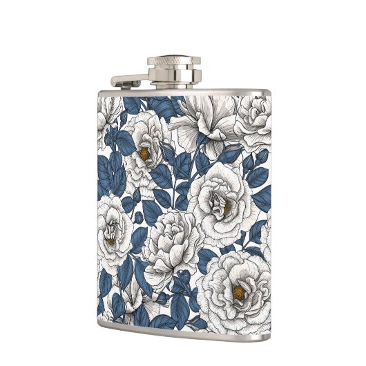 Flasques Roses blanches avec feuilles bleus sur blanc (Gauche)