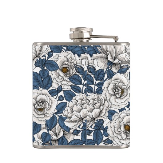 Flasques Roses blanches avec feuilles bleus sur blanc (Dos)