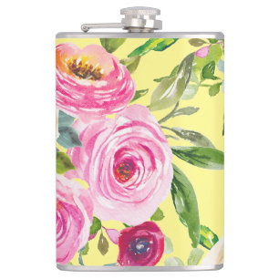 Flasques Roses d'aquarelle en rose et crème sur jaune