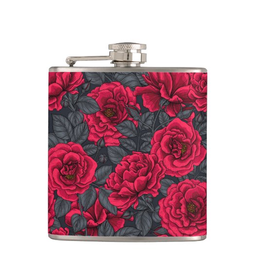 Flasques Roses rouges avec feuilles gris sur noir (Devant)