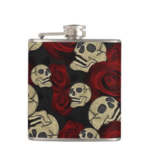 Flasques Roses Rouges & Crânes Floral Gothique Gris Noir
