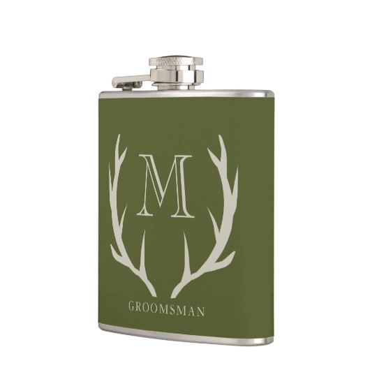 Flasques Rustic Army Green Antler Personnalisé Groomsmen Ca (Gauche)