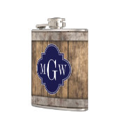 Flasques Rustic Wood Metal Band Navy Quatrefoil 3 monogram (Gauche)