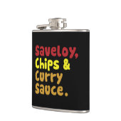 Flasques Saveloy, chips & Curry Sauce. (Gauche)