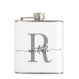 Flasques Script élégant Moderne Blanc Gris Monogramme Nom