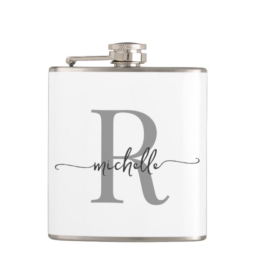 Flasques Script élégant Moderne Blanc Gris Monogramme Nom (Devant)