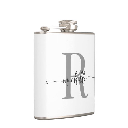 Flasques Script élégant Moderne Blanc Gris Monogramme Nom (Droite)
