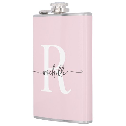 Flasques Script élégant Moderne Blush Rose Nom Monogramme (Gauche)