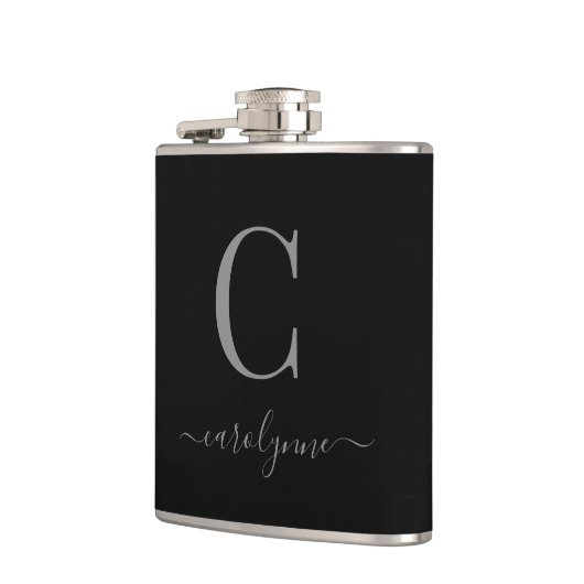 Flasques Script moderne élégant en argent noir monogramme (Gauche)