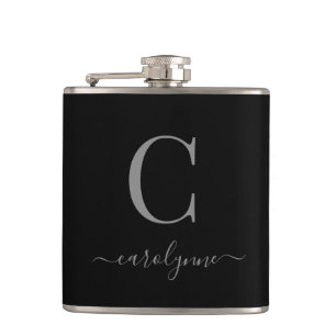 Flasques Script moderne élégant en argent noir monogramme