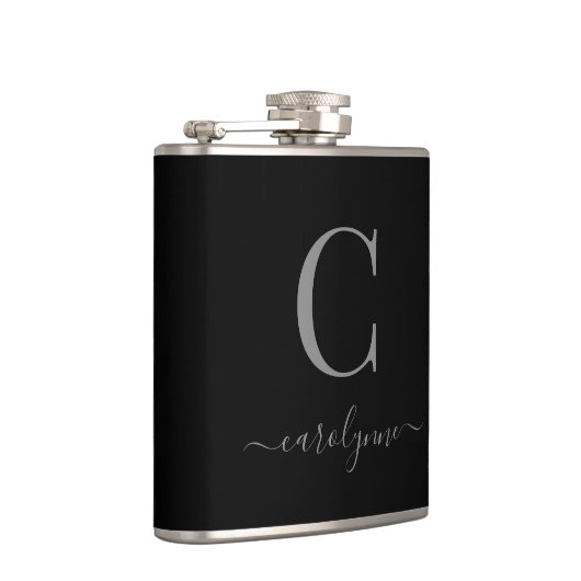 Flasques Script moderne élégant en argent noir monogramme (Droite)