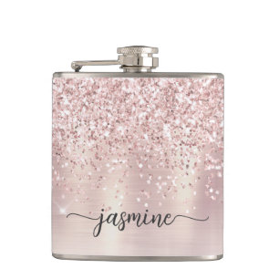Flasques Signature de nom monogramme pailleté or rose éléga