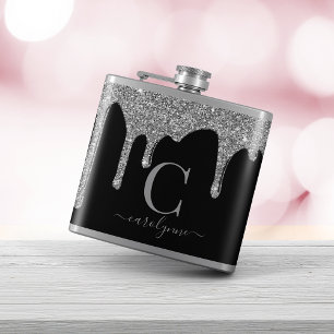 Flasques Silver Sparkle Glitter Drips on Black Monogram