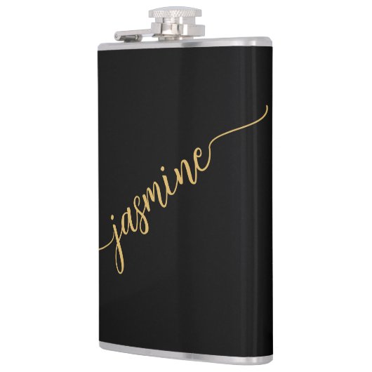 Flasques Simple Girl Noir Et Or Monogramme Nom Script (Gauche)