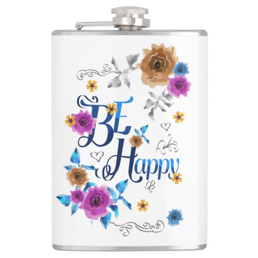 Flasques Soyez heureux Quote Positive Bleu Purple Or Fleurs (Devant)
