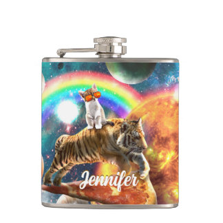 Flasques Space Galaxy Cat Riding Tiger sur Pizza