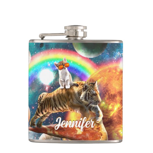 Flasques Space Galaxy Cat Riding Tiger sur Pizza (Devant)