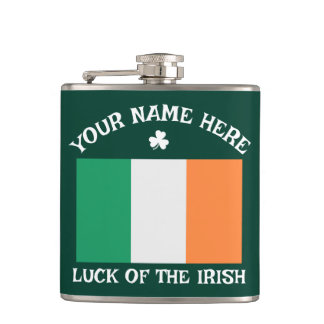 Flasques St Patrick's Day Ireland Flag Custom Name Shamrock